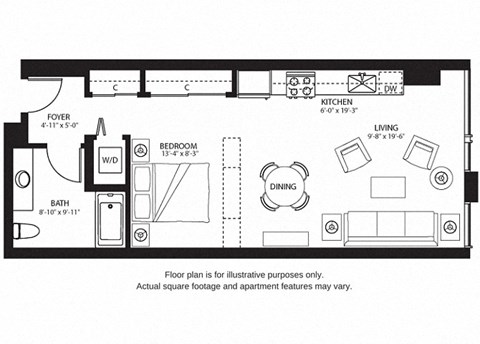 Floor plan for studio, 1 bath, 667 sqft